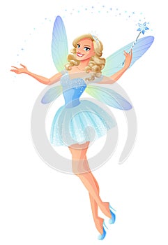 Vector beautiful blue fairy with magic wand and dragonfly wings.