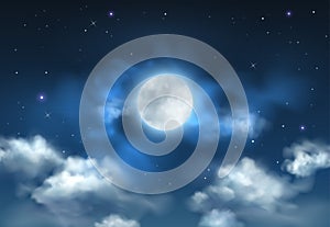 Vector beautiful blue night sky with glowing full moon, stars and clouds