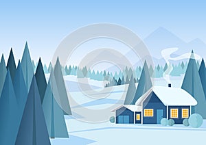 Vector Beautiful Christmas winter snowy landscape background with mountains and low poly fir trees.