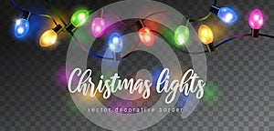 Vector beautiful colorful shining christmas lights garland isolated on dark background - decorative border