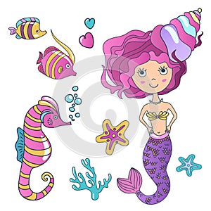 Vector Beautiful cute little siren mermaid with sea horse hippocampus, tropic fish and sea stars. Hand drawn