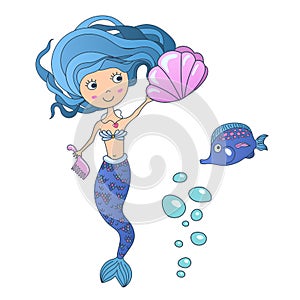 Vector Beautiful cute little siren mermaid with sea shell and tropic fish. Hand drawn illustration.