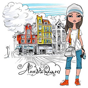 Vector beautiful fashion girl in Amsterdam