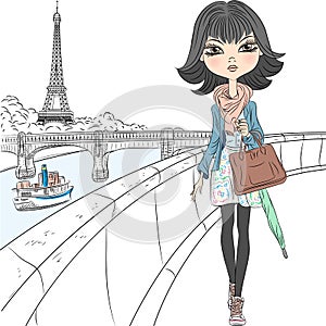 Vector beautiful fashion girl in Paris