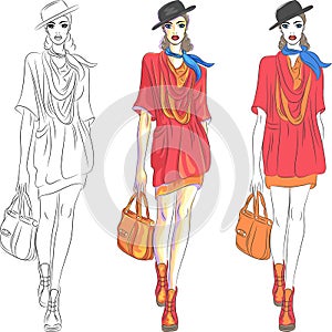 Vector beautiful fashion girl top model in hat and