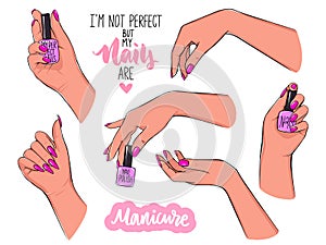 Vector Beautiful female hands holds nail polish bottle. Manicure illustrations isolated on white. Pink nails. Design for