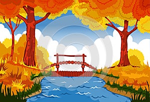 Vector beautiful forest landscape with a river and a bridge