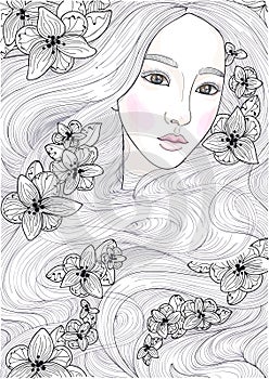 Vector beautiful girl with miracles long hair and black orchids