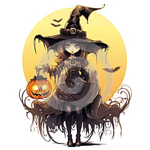 vector beautiful girl with pumpkins. creepy witch with jack o lanterns. a girl with hat vector illustration on white