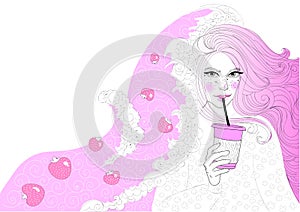 Vector beautiful girl with a strawberry milkshake