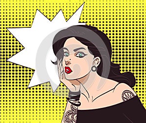 Vector beautiful gothic punk hipster girl in pop art style with tatoo and speech wow bubble. Eps 10 in many layers for