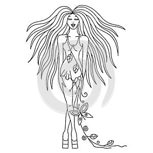 Vector beautiful hand drawn artistic girl with long hair, dress with flowers, leaves, butterfly. Creative artistic decorative blac