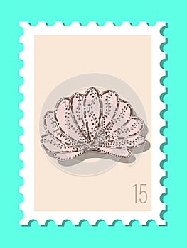 Vector beautiful hand drawn post stamp. Modern vector isolated post stamp design. Seashells and stars post stamp. Mail and post