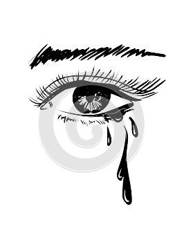 Vector beautiful illustration with crying eye. Black illustration. Women`s watery eyes. Eyes with flowing mascara