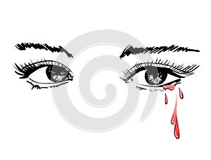 Vector beautiful illustration with crying eyes. Women`s watery eyes. Eyes with flowing blood on isolated background.