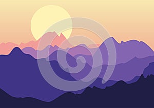 Vector beautiful landscape, purple sunset in mountains. Nature b