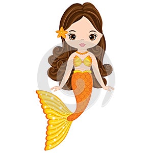 Vector Beautiful Mermaid with Orange Fishtail  and Long Hair. Vector Mermaid