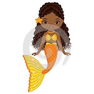 Vector Beautiful Mermaid with Orange Fishtail and Starfish. Vector African American Mermaid