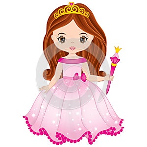 Vector Beautiful Princess with Magic Wand in Pink Dress. Vector Princess