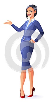 Vector beautiful smiling business woman in blue suit presenting.