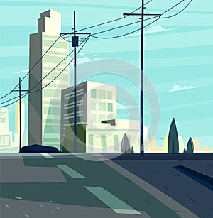 Vector beautiful sunrise over cartoon city with highway.