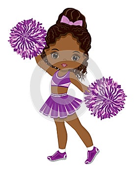 Cute African American Cheerleader Dancing with Pom Poms. Vector Black Cheerleader