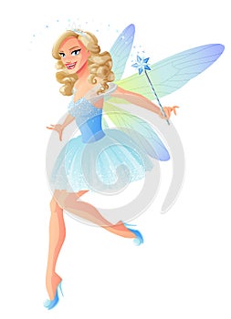 Vector beautiful tooth fairy in blue dress with magic wand.