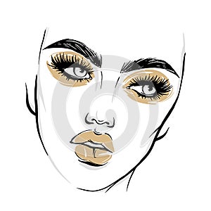 Vector beautiful woman face. Girl portrait with long black lashes, brows, golden makeup, plump lips.