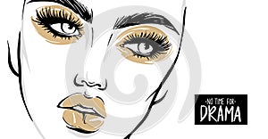 Vector beautiful woman face. Girl portrait with long black lashes, brows, golden makeup, plump lips.