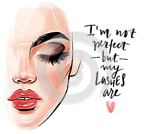 Vector beautiful woman face. Girl portrait with long black lashes, brows, red lips.