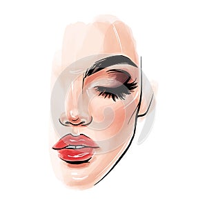 Vector beautiful woman face. Girl portrait with long black lashes photo