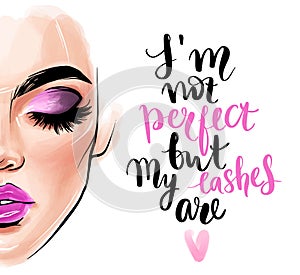 Vector beautiful woman face and quote about lashes.