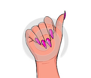 Vector Beautiful woman's hands with pink nails. Stylish trendy female manicure. Design for Beauty salon