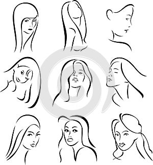 Vector Beautiful Women Silhouette Series Line Art