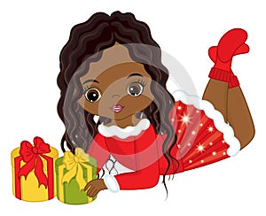 Beautiful Young Black Girl Holding Christmas Gift Boxes. Vector Christmas Girl