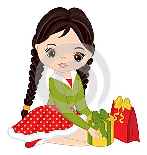 Beautiful Young Girl Holding Christmas Gift Box. Vector Christmas Girl