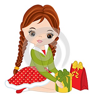 Beautiful Young Girl Holding Christmas Gift Box. Vector Christmas Girl
