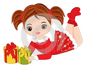 Beautiful Young Cute Girl Holding Christmas Gift Boxes. Vector Christmas Girl