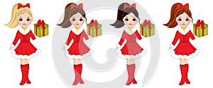Vector Beautiful Young Girls with Christmas Gifts