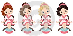 Vector Beautiful Young Girls Doing Pedicure in Spa Salon photo