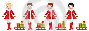 Vector Beautiful Young Girls with Sledges and Christmas Gifts