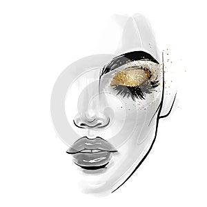 Vector beautiful young woman face. Fashion Sketch illustration