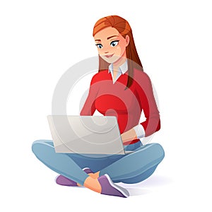 Vector beautiful young woman working with laptop sitting on floor.