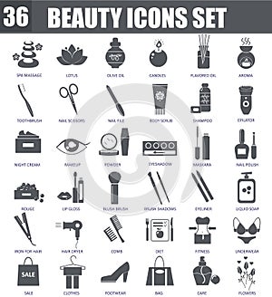 Vector Beauty cosmetics black icons set. Dark grey symbols on white background.