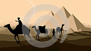 Vector bedouin caravan camels against over pyramids.