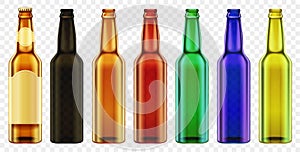 Vector Beer bottle color glass . Packaging mockup with realistic bottles set.