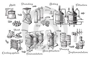 Vector beer infographics with illustrations of brewery process.