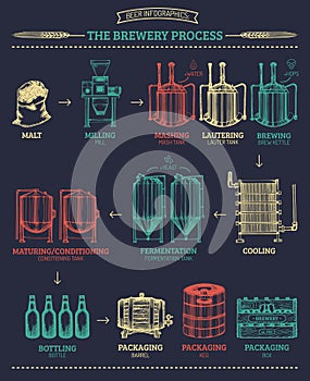 Vector beer infographics with illustrations of brewery process.Sketched drawings of operations elements lager production