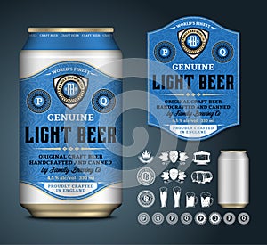 Vector beer label. Aluminium can mockup. Beer icons, badges, insignia