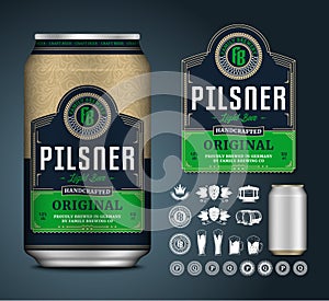 Vector beer label. Aluminium can mockup. Beer icons, badges, insignia